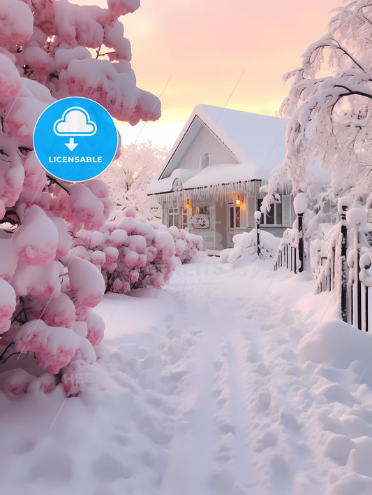 Beautiful Snow Scene, A House With Snow On Trees And A Fence