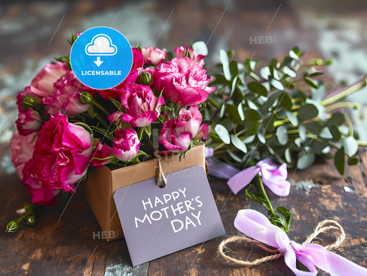 Mother's Day Greeting With Flowers, A Bouquet Of Pink Flowers In A Box Next To A Card