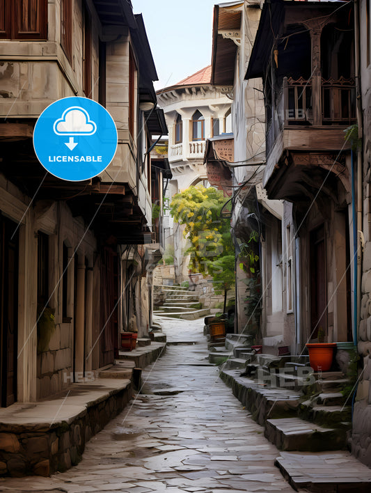 Narrow Street Ottoman Architecture, A Stone Alleyway With Stone Buildings And Trees