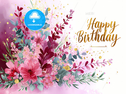 Pink Happy Birthday Wallpaper, A Bouquet Of Flowers And Leaves