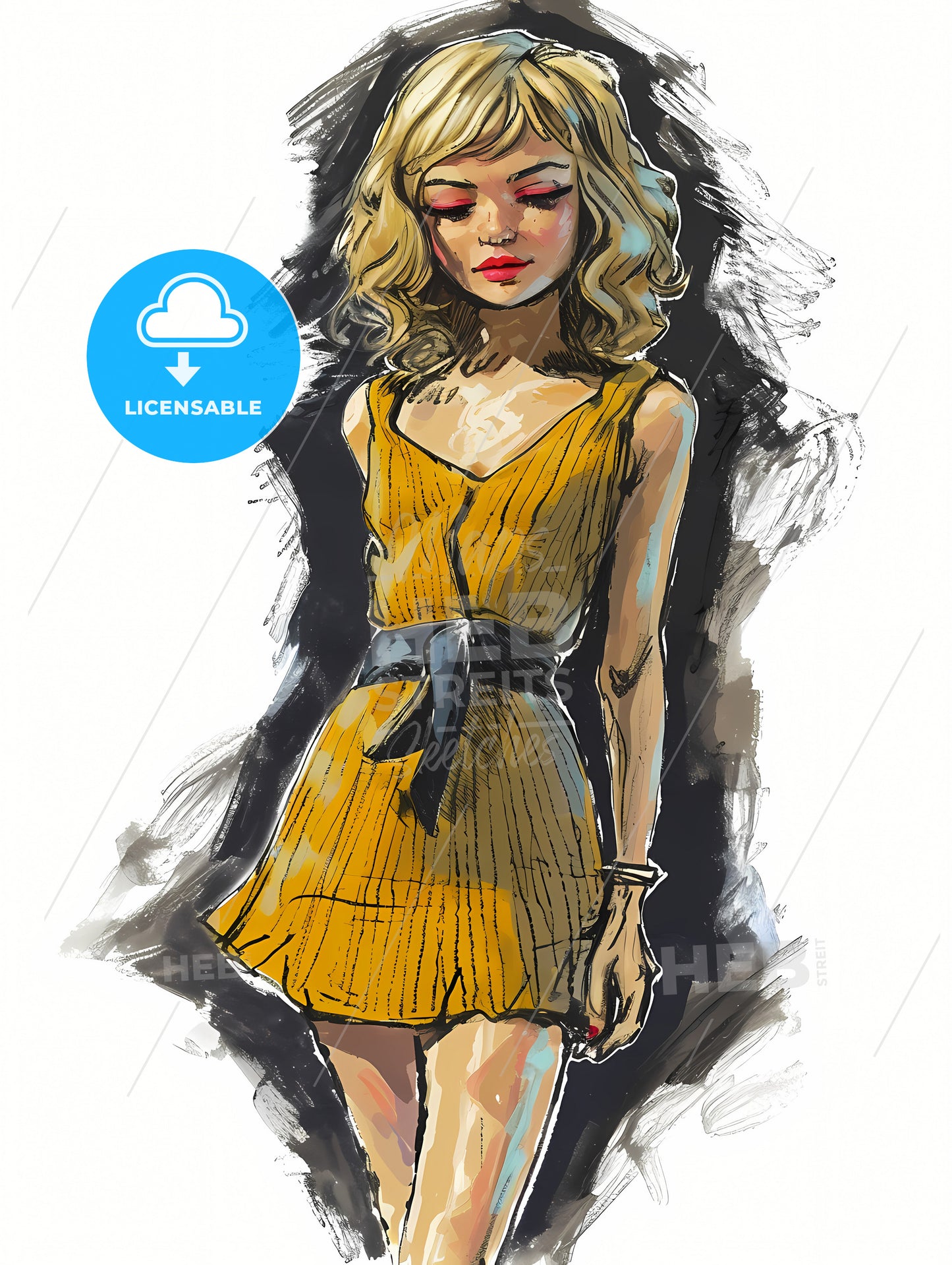 Cartoon Illustration Of A Beautiful Woman, A Woman In A Yellow Dress