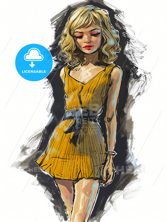 Cartoon Illustration Of A Beautiful Woman, A Woman In A Yellow Dress