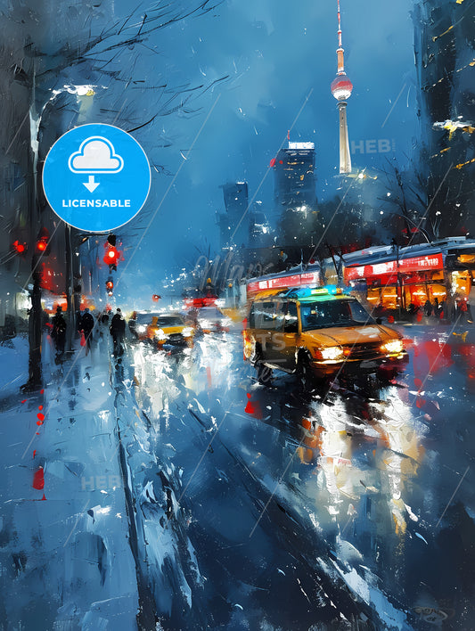 Berlin Germany Skyline, A Yellow Taxi Driving Down A Wet Street