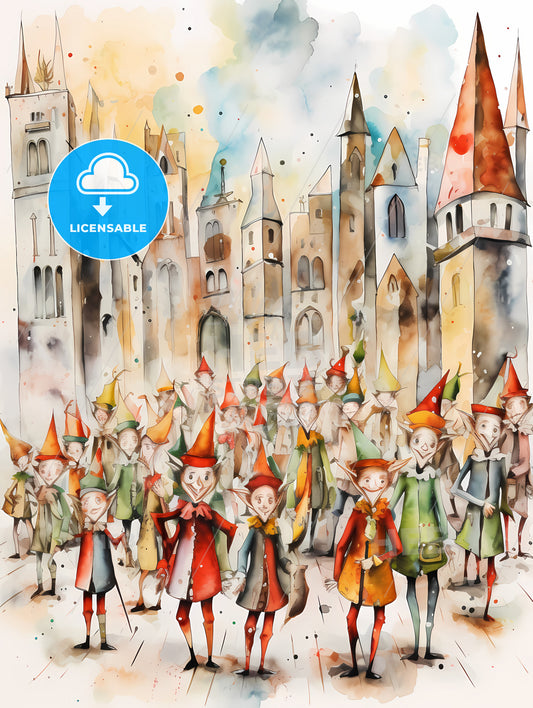Whimsical Colorful Illustration Of Christmas Elfs, A Group Of People In Clothing