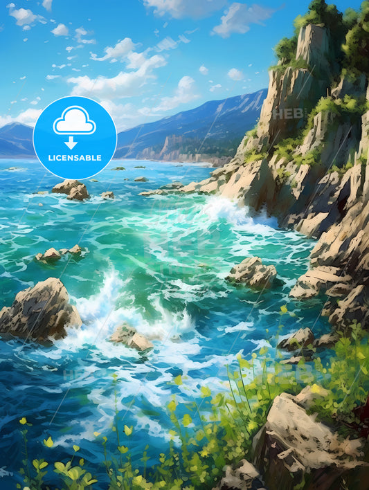 Azure Coast Beautiful Seashore, A Water And Rocks By The Sea