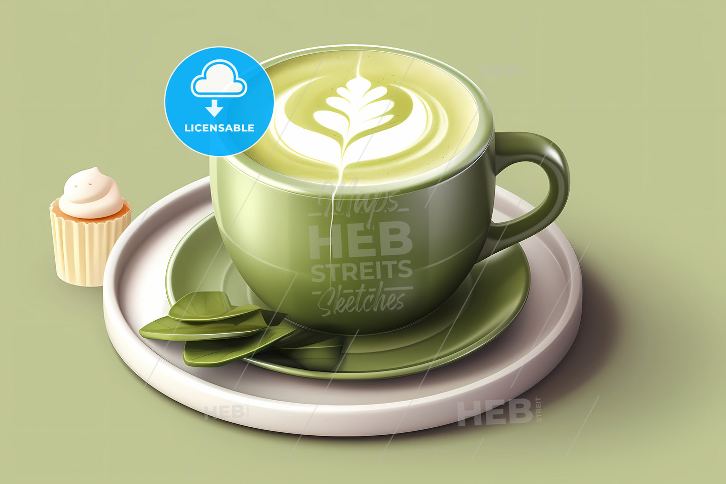 Japanese Matcha Latte In 3D Illustration, A Green Cup With A White Design On Top Of It