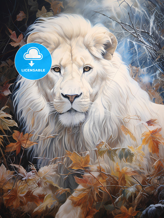 A Snow-White Lion Stood On The Grass, A White Lion In The Woods