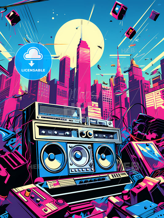 An Illustration Of 80S Rap Song, A Large Boom Box In A City