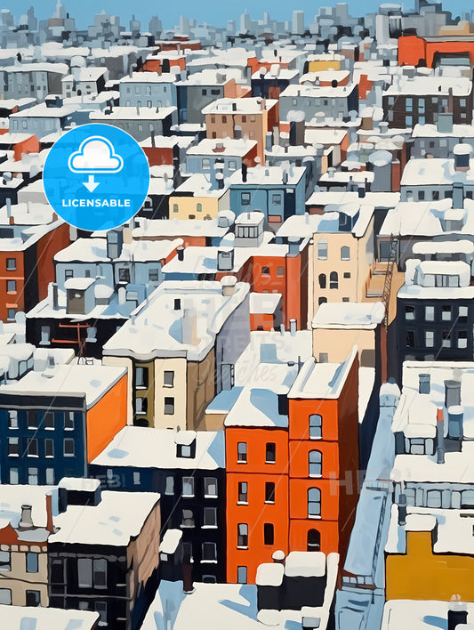 Snowy New York City Roofs Seen From Above, A Group Of Buildings Covered In Snow