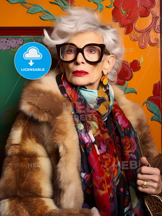Gorgeous Eldery Eclectic Woman In An Eclectic Outfit, A Woman In A Fur Coat