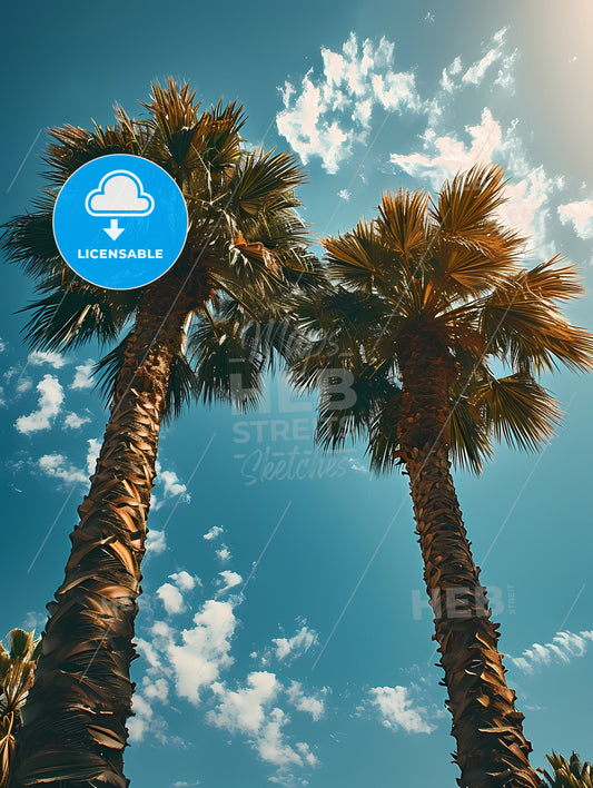 Two Palm Trees Amidst A Blue, A Group Of Palm Trees Against A Blue Sky