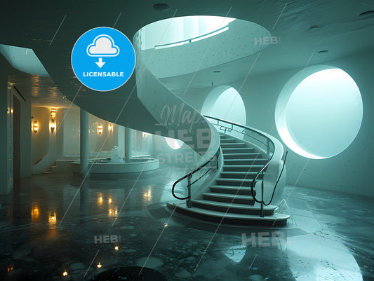 Photo-Realistic Sci-Fi Illustration, A Spiral Staircase In A Building