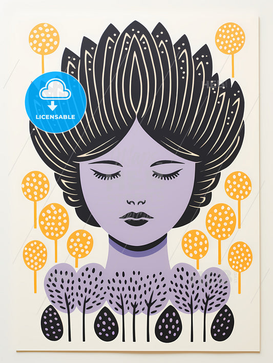 Linocut Print Minimalism, A Woman With Purple Hair And Yellow Trees