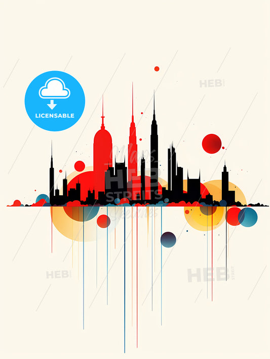 Minimalist Barcelona Skyline, A Colorful City Skyline With Red And Blue Circles