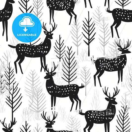 Hand Drawn Christmas Deer, A Pattern Of Black And White Deer And Trees