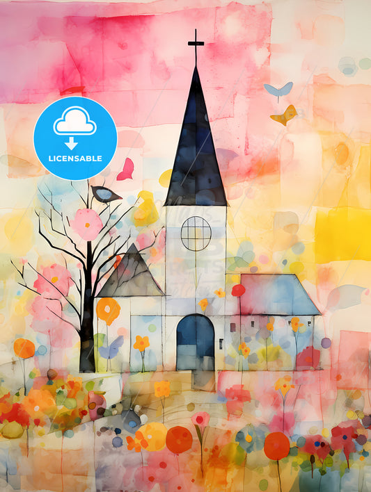The Easter Church Painting, A Painting Of A Church With Flowers And Trees