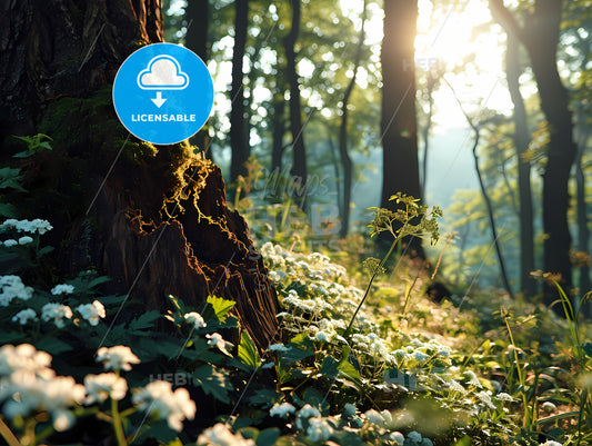 A Tree Stump In The Forest Surrounded By Flowers, A Tree Trunk With White Flowers And Green Leaves In The Forest
