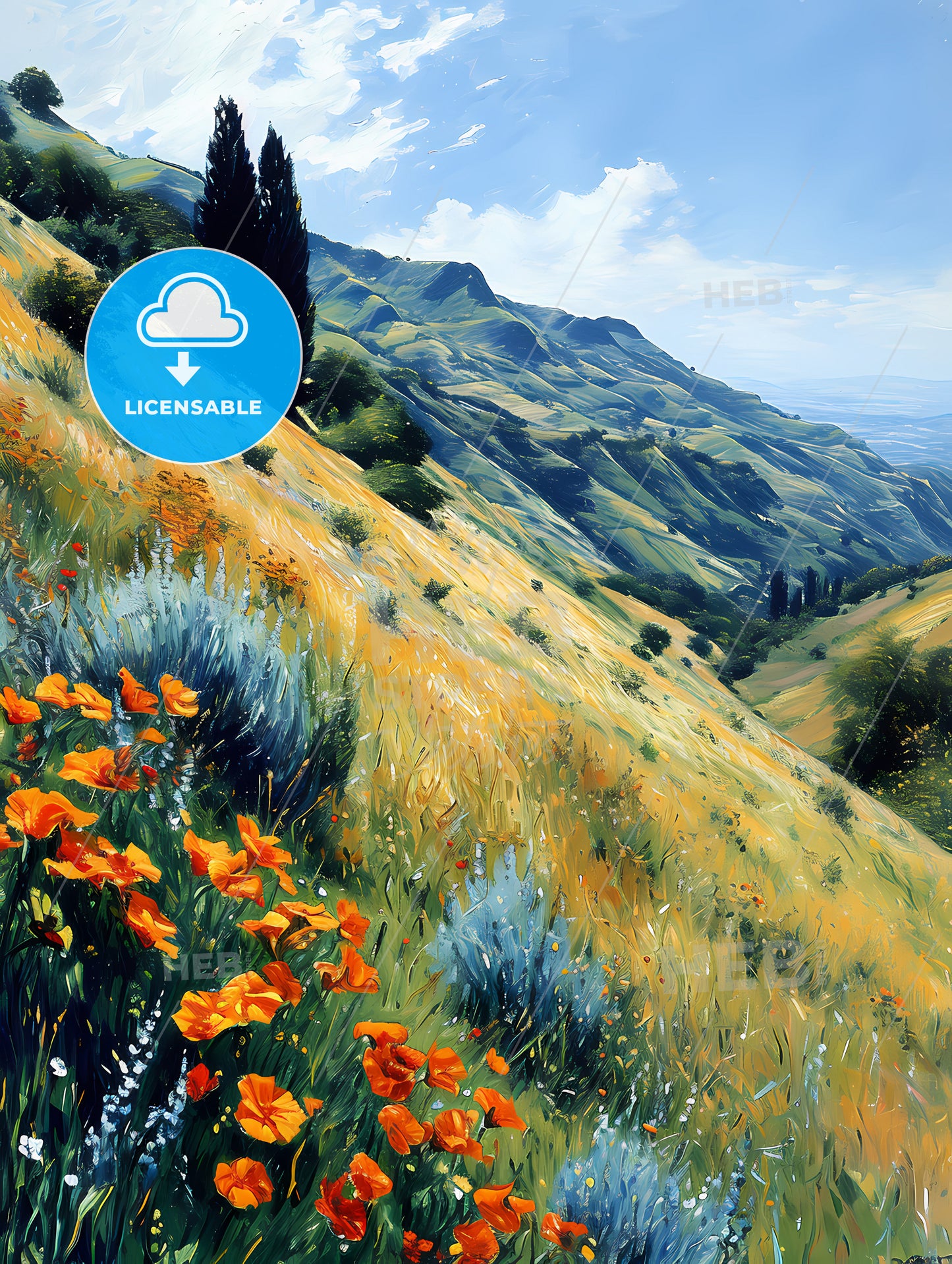 Impressionistic Landscape In Southern France, A Landscape Of A Valley With Flowers And Trees