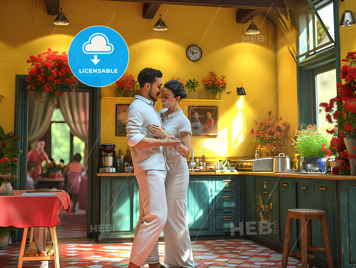 A 3D Scene, A Man And Woman Hugging In A Kitchen