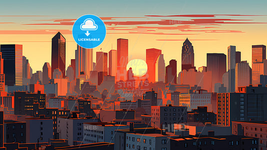 Illustration Of La Skyline, A City Skyline With A Sunset