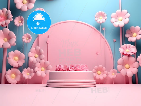 3D Background Happy Birthday, A Pink Cake With Flowers