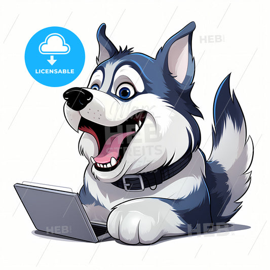 Caricature Of A Siberian Husky, A Cartoon Dog With A Laptop