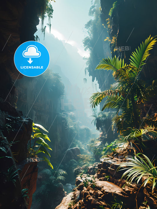 Rainforests Landscape, A Rocky Canyon With Trees And Plants