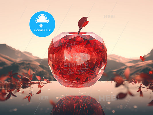 An Illustration Of A Red Apple, A Red Apple With Leaves On It