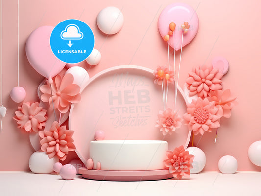 3D Background Happy Birthday, A Pink And White Display With Flowers And Balloons