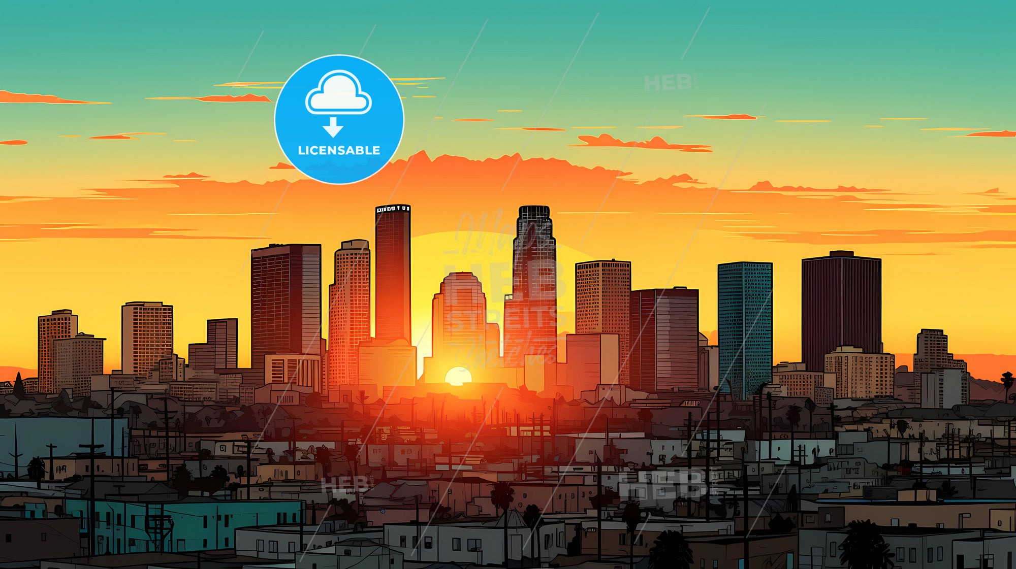 Illustration Of La Skyline, A City Skyline With The Sun Setting Behind ...