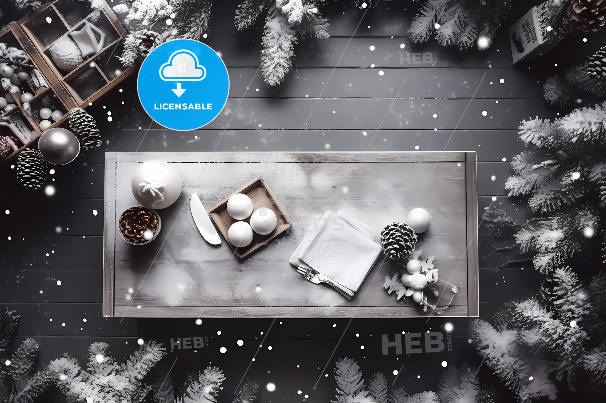 Top View Of Snowed Table, A Table With Decorations And Snow On It ...