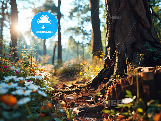 A Tree Stump In The Forest Surrounded By Flowers, A Tree Trunk With Flowers And Grass In The Woods