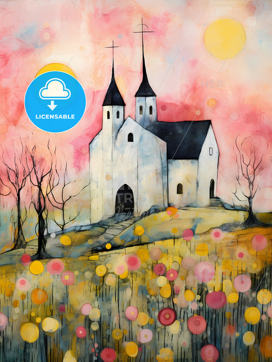 The Easter Church Painting, A Painting Of A Church With Trees And Flowers