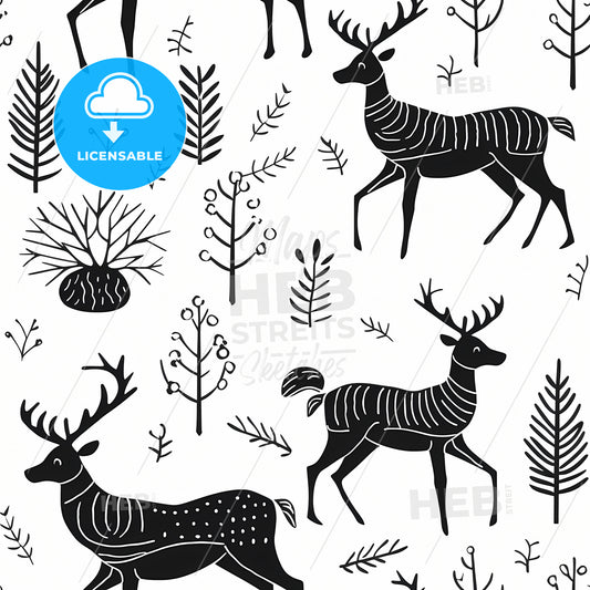 Hand Drawn Christmas Deer, A Pattern Of Black And White Animals