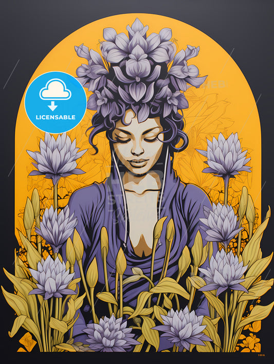 Linocut Print Minimalism, A Woman With Flowers In Her Hair