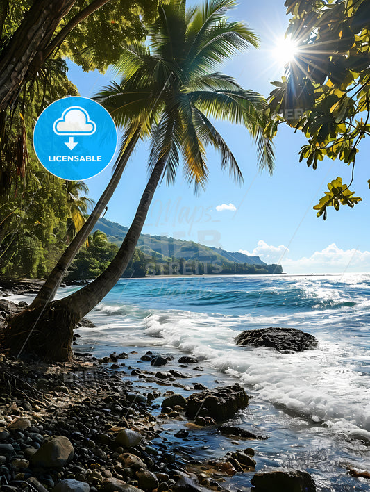 Two Palm Trees Amidst A Blue, A Beach With Palm Trees And Waves