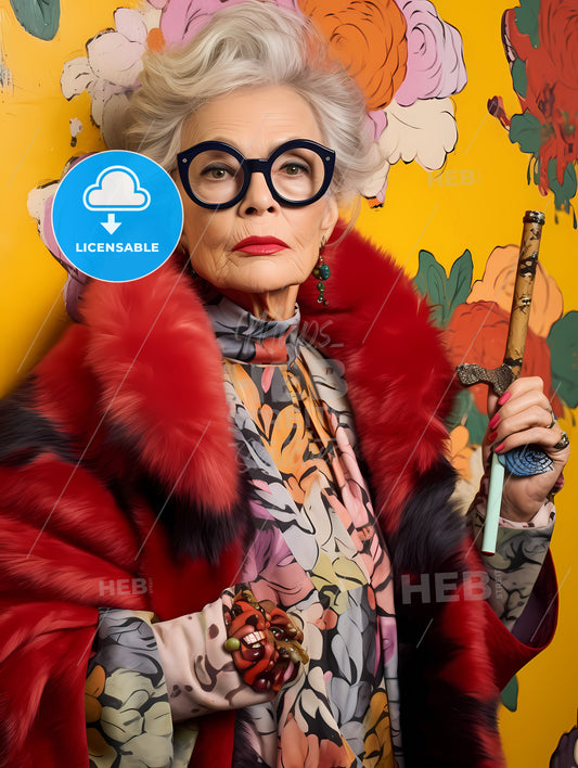 Gorgeous Eldery Eclectic Woman In An Eclectic Outfit, A Woman In A Red Fur Coat Holding A Cigarette