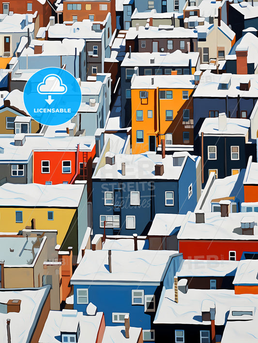 Snowy New York City Roofs Seen From Above, A Group Of Colorful Buildings Covered In Snow
