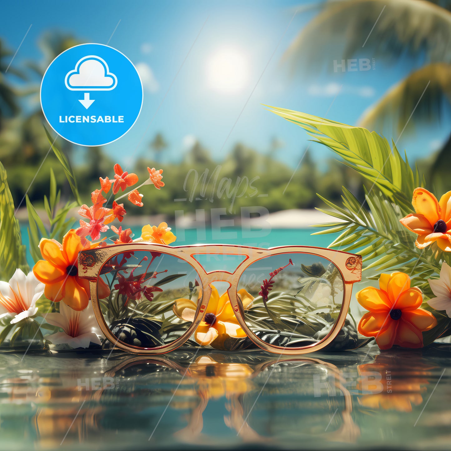 Welcome Summer Background, A Sunglasses On A Table With Flowers And Palm Trees