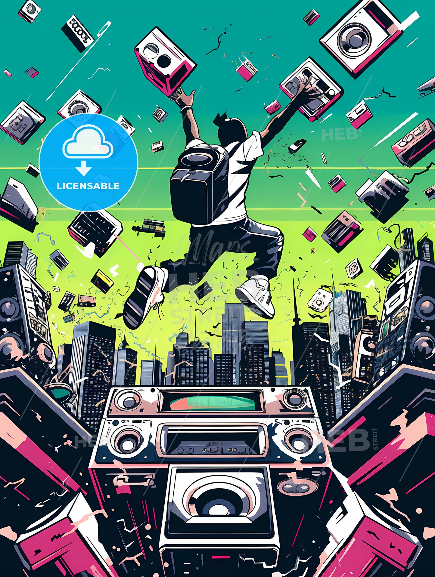 An Illustration Of 80S Rap Song, A Man Jumping In The Air With A Boom Box And Many Speakers