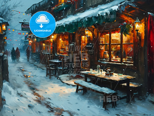 In The Snowy Evening The Coffee Table, A Snow Covered Street With Tables And Benches