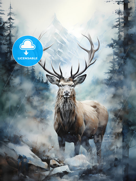 Elk In The Fog Print, A Deer With Antlers Standing In A Forest