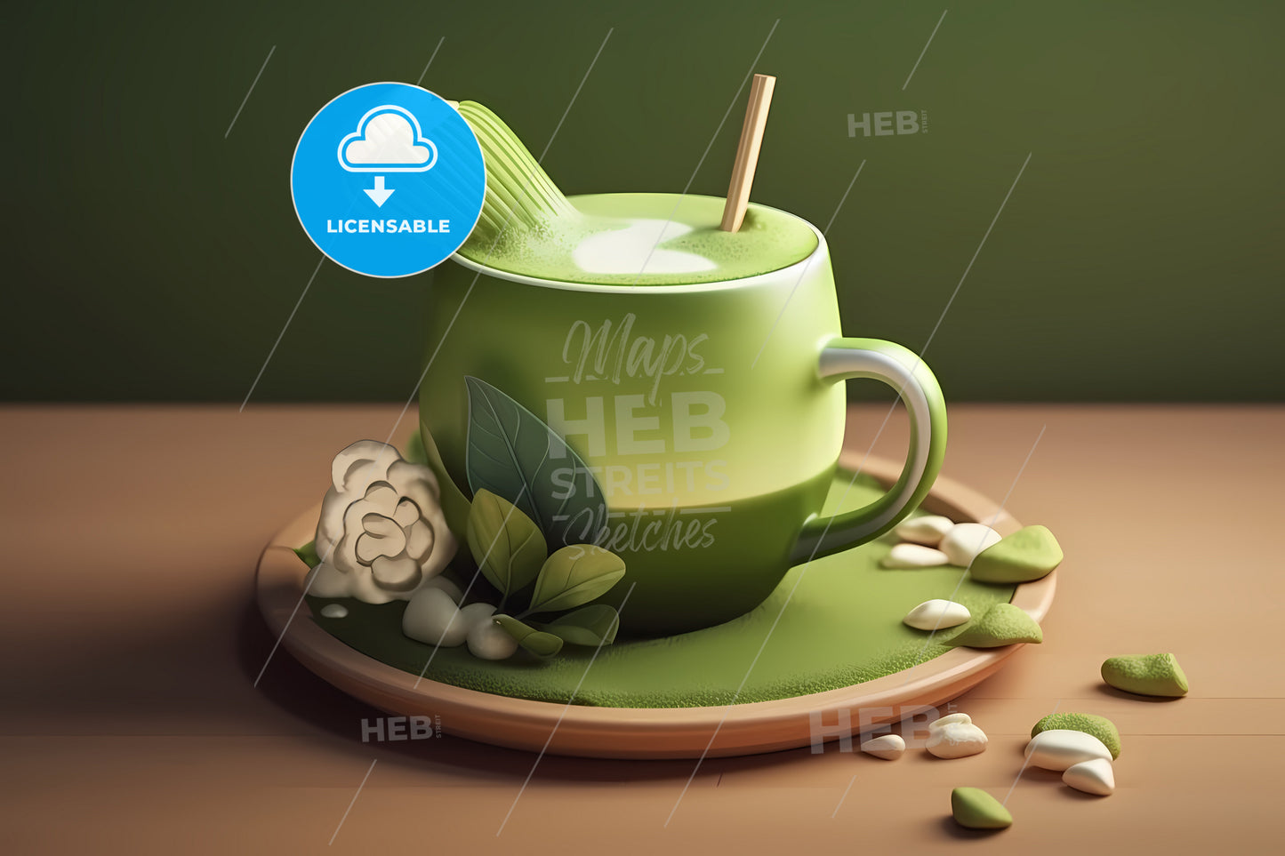 Japanese Matcha Latte In 3D Illustration, A Green Cup With A Straw And A Brush On A Plate