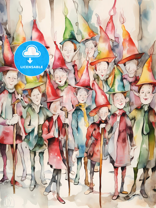 Whimsical Colorful Illustration Of Christmas Elfs, A Group Of Gnomes With Hats
