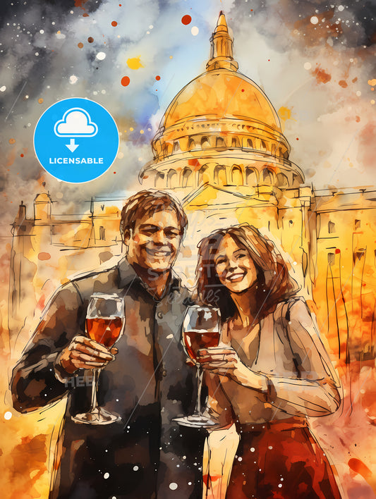 Happy People Celebrating New Years Eve, A Man And Woman Holding Wine Glasses In Front Of A Building