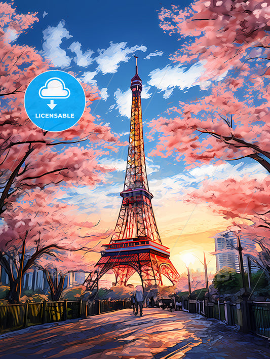 A Painting Of The Tokyo Tower, A Tower With Pink Trees And People Walking In The Background