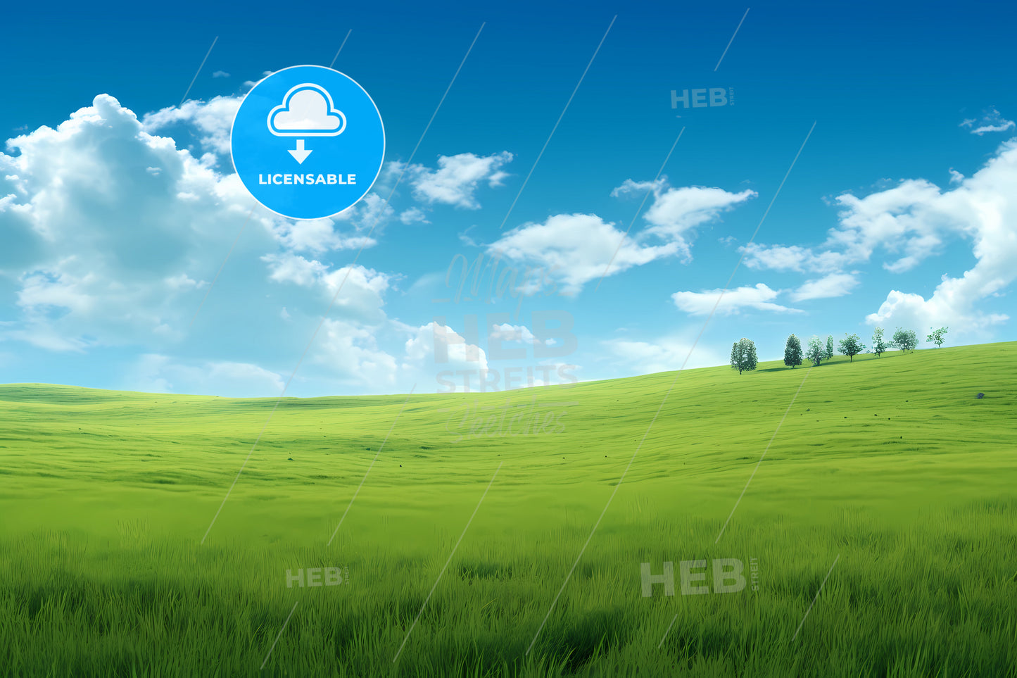 Green Grass On A Vast Grassy Field, A Green Field With Trees And Blue Sky