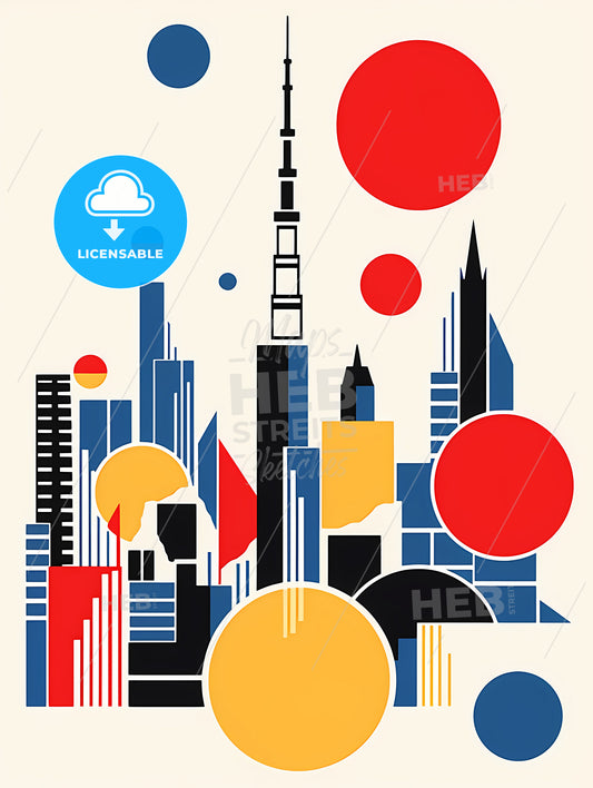 Minimalist Tokyo Skyline, A Colorful Cityscape With Red Circles And A Tower