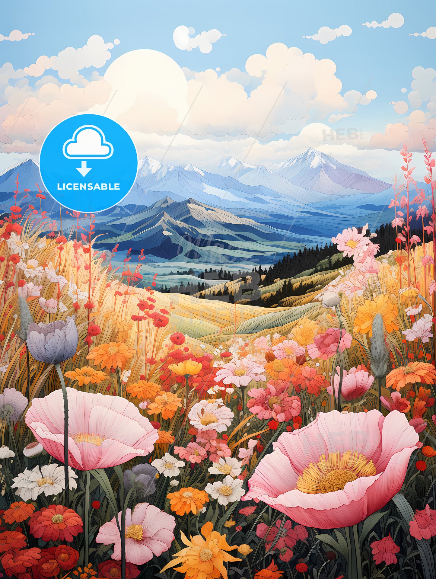 Rocky Mountains Natinal Park, A Painting Of A Landscape With Mountains And Flowers