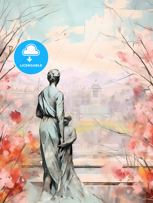 Mothers Day Background, A Statue Of A Woman And Child Looking At A City